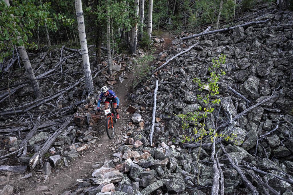 A competitor takes part in the Grand Traverse mountain bike race on Sunday, Sept. 6, 2020, in Crested Butte.