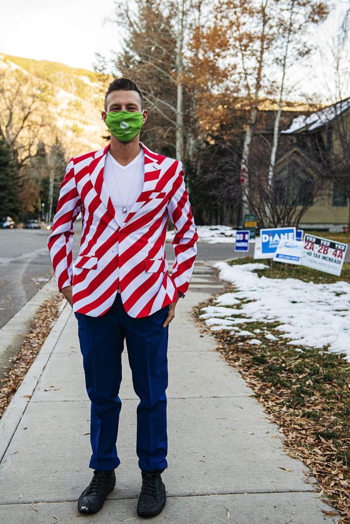 Aspen City Council member Skippy Mesirow wears a patriotic suit on Election Day in Aspen on Tuesday, Nov. 3, 2020. (Kelsey Brunner/The Aspen Times)