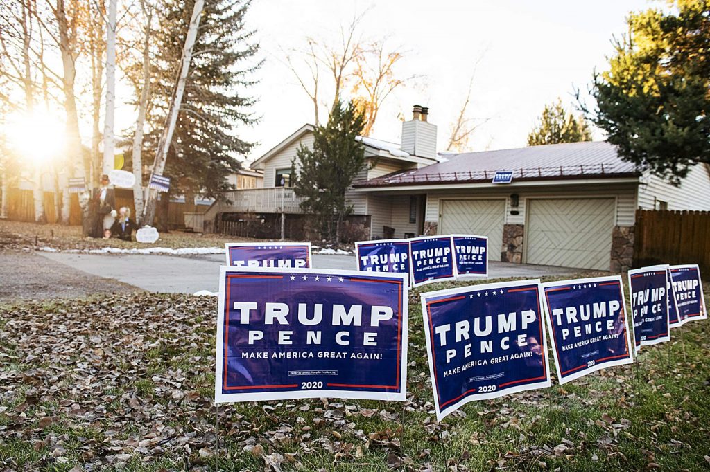 Trump signs line the front yard of a home in Aspen on Election Day, Tuesday, Nov. 3, 2020. (Kelsey Brunner/The Aspen Times)