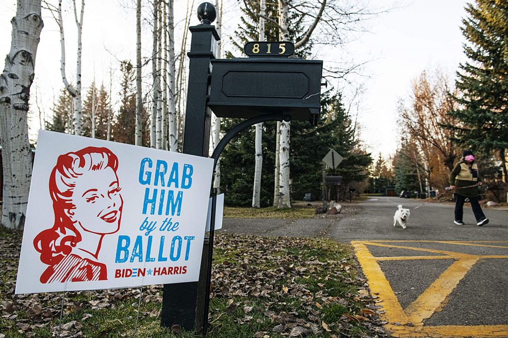 A political sign is displayed in the front yard of a home in Aspen on Election Day, Tuesday, Nov. 3, 2020. (Kelsey Brunner/The Aspen Times)