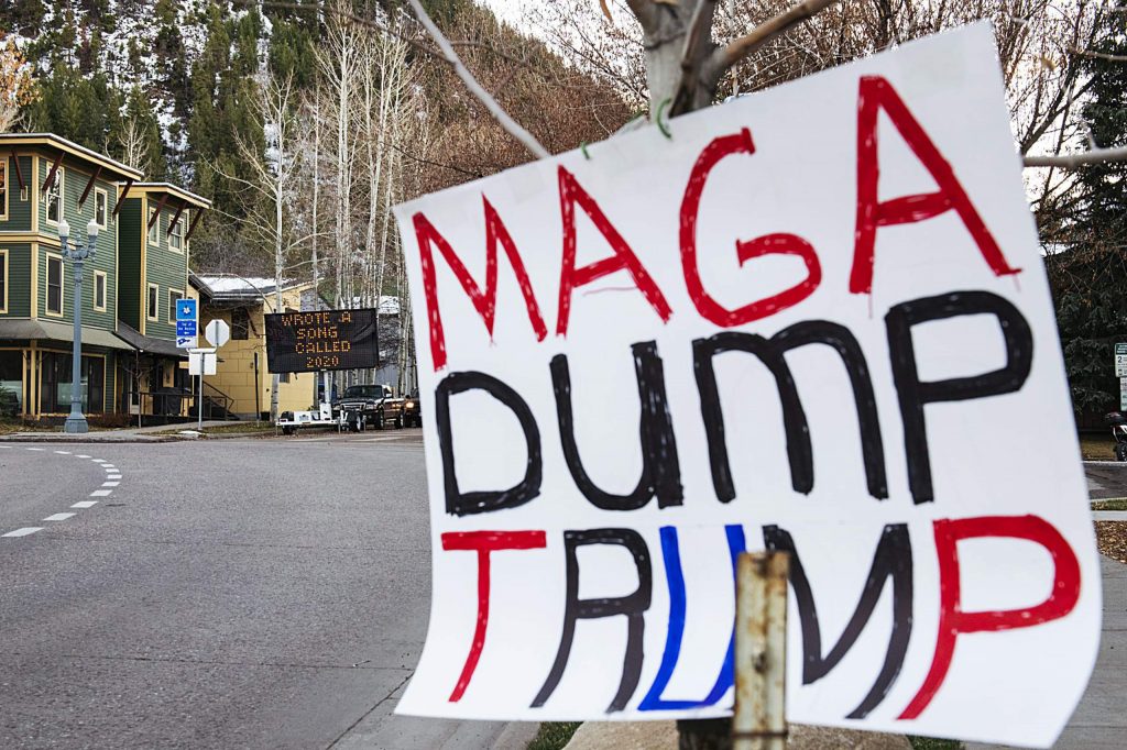 A sign is displayed on the side of the road coming into Aspen on Election Day, Tuesday, Nov. 3, 2020. (Kelsey Brunner/The Aspen Times)