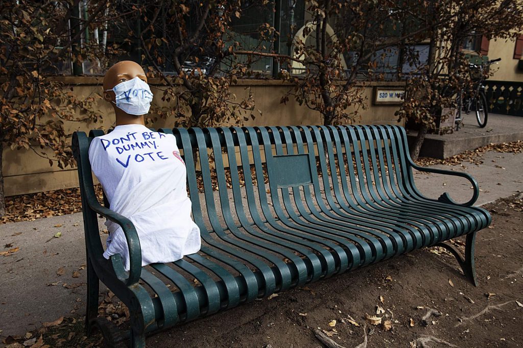 Half a mannequin urges people to vote with a hand drawn t-shirt on a bus stop bench on Election Day in Aspen on Tuesday, Nov. 3, 2020. (Kelsey Brunner/The Aspen Times)