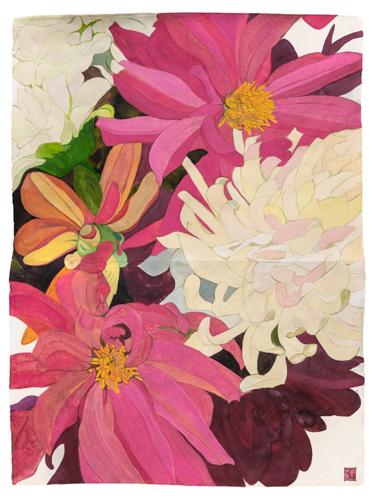 Sarah Graham, “Eveline, Karma Choc and Waltzing Matilda,” 2021, Ink painting on handmade paper, 72 3/8