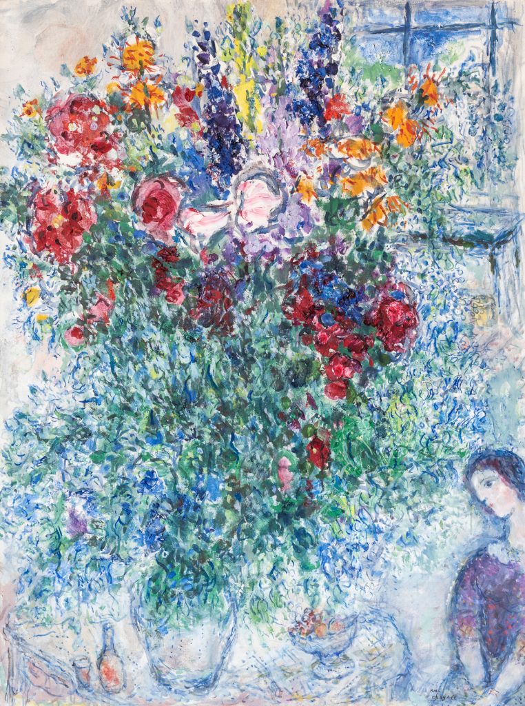 Marc Chagall, “Bouquet printanier dans l’atelier de Saint-Paul,” 1970, Oil and gouache on canvas, 44.1