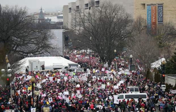 A crowd fills Independence Avenue during the Women's March on Washington, Saturday, Jan. 21, 2017 in Washington. Thousands of women massed in the nation's capital and cities around the globe Saturday to send Donald Trump an emphatic message that they won't let his agenda go unchallenged over the next four years. 