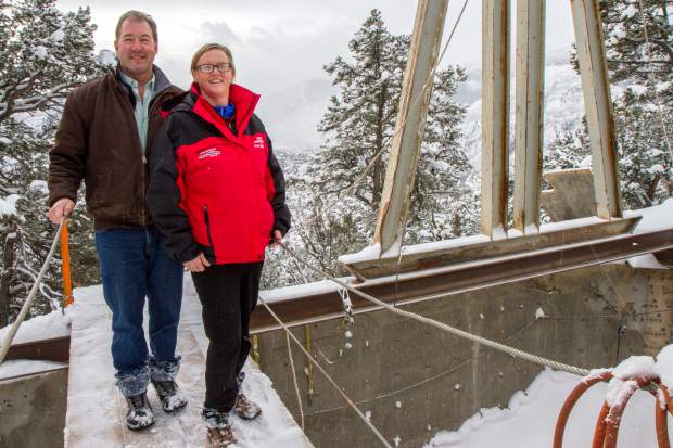 Glenwood Caverns Adventure Park owner Steve Beckley, left, and General Manager Nancy Heard at the site of the new Haunted Mine Drop ride set to open summer of 2017.