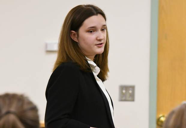 Yarrow Attor, Glenwood Springs High School student, competes in the Mock Trial regional competition at the Garfield County Courthouse on Saturday morning.