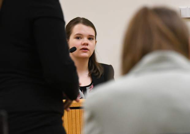 Glenwood Springs High School student Lily Webber plays a witness while competing in the Mock Trial regional competition at the Garfield County Courthouse on Saturday morning. Webber's team won the regional tournament..