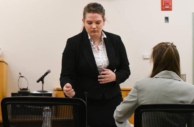 Glenwood Springs High School student Nicole Powell competes in the Mock Trial regional competition at the Garfield County Courthouse on Saturday morning. Powell's team took first place.