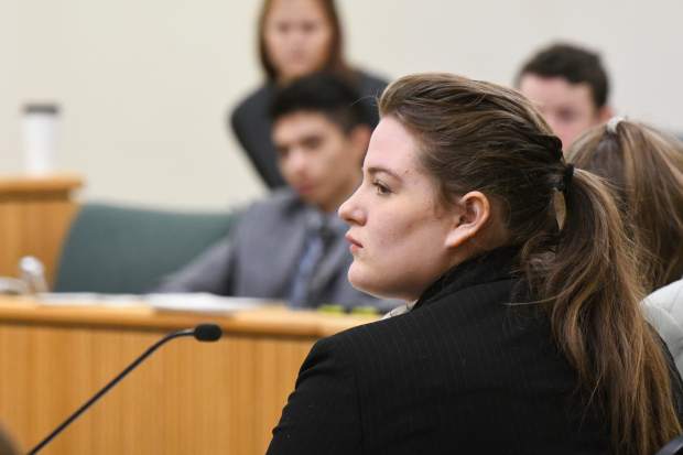 Glenwood Springs High School student Nicole Powell competes in the Mock Trial regional competition at the Garfield County Courthouse on Saturday morning.