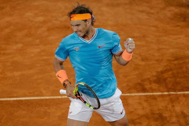 Rafael Nadal of Spain celebrates a point during the Madrid Open tennis men's semi-final match against Stefanos Tsitsipas of Greece in Madrid, Spain, Saturday, May 11, 2019. (AP Photo/Bernat Armangue)