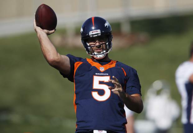 Denver Broncos quarterback Joe Flacco takes part in drills during the opening day of the team's NFL football training camp Thursday, July 18, 2019, in Englewood, Colo. (AP Photo/David Zalubowski)