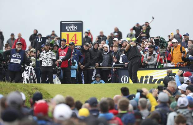 Ireland's Shane Lowry tees off the 14th hole during the final round of the British Open Golf Championships at Royal Portrush in Northern Ireland, Sunday, July 21, 2019.(AP Photo/Peter Morrison)