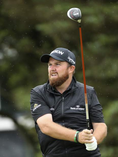 Ireland's Shane Lowry plays his tee shot at the 5th hole during the final round of the British Open Golf Championships at Royal Portrush in Northern Ireland, Sunday, July 21, 2019.(AP Photo/Peter Morrison)