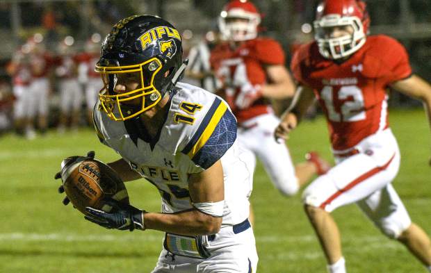 Rifle’s Talon Cordova halls in the catch behind the Glenwood defense for a 30 yard touchdown in the third quarter.
