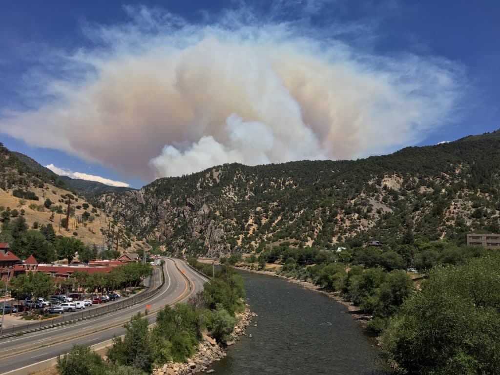 The Grizzly Creek Fire as seen from the Grand Avenue pedestrian bridge.