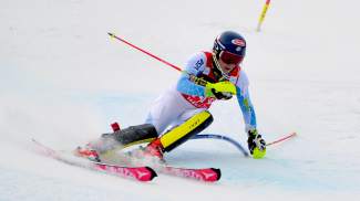 Mikaela Shiffrin takes a hard turn through the slalom course during a World Cup race in Aspen on Nov. 28.