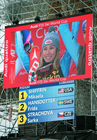 Mikaela Shiffrin beams on the leaderboard after taking first in the World Cup slalom on Nov. 29 in Aspen. The previous day, Shiffrin set a World Cup slalom record by beating second-place finisher Veronika Velez Zuzulova by more than three seconds.