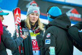 Mikaela Shiffrin of EagleVail talks to television reporters after winning her second consecutive World Cup slalom in Aspen in November. Shiffrin was sidelined for nine weeks after a training accident on Dec. 12, then returned Feb. 15 with a World Cup slalom win.