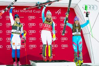 Mikaela Shiffrin, center, is joined over Thanksgiving weekend on the Aspen podium by Frida Hansdotter of Sweden, left, and Sarka Strachova of the Czech Republic, right.