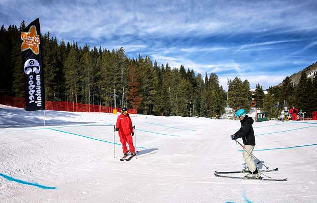 An instructor leads a student through the groomed terrain features at Copper Mountain. The variable terrain is a new addition to the resort's beginner area just outside of West Village.