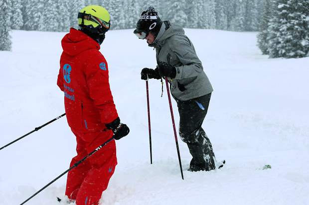 A ski instructor works with a student during a powder lesson at Copper Mountain. Local ski school instructors and ski club coaches recommend finding some type of professional instruction to move past plateaus, even if you're an intermediate or expert skier.