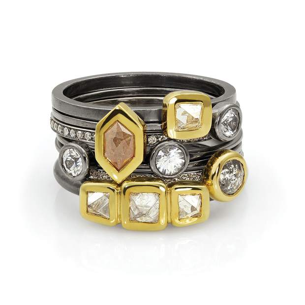 Ring Stack, 18-karat yellow gold and oxidized sterling silver; raw and natural-color diamonds, white sapphires.