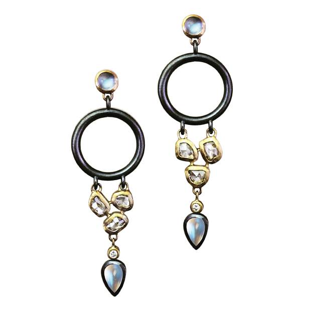 Cleo Earrings, 18-karat yellow gold and oxidized sterling silver; rose-cut diamonds and fine blue moonstone.
