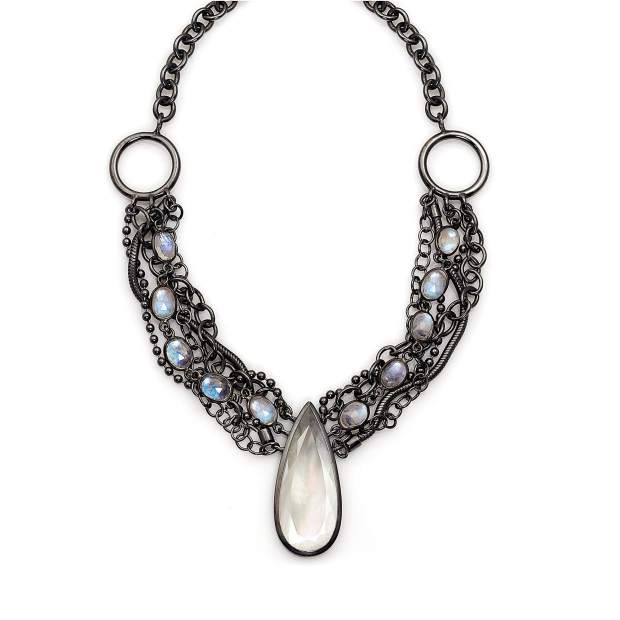 Capella Necklace, oxidized sterling silver; mother-of-pearl and quartz doublet, blue moonstone.