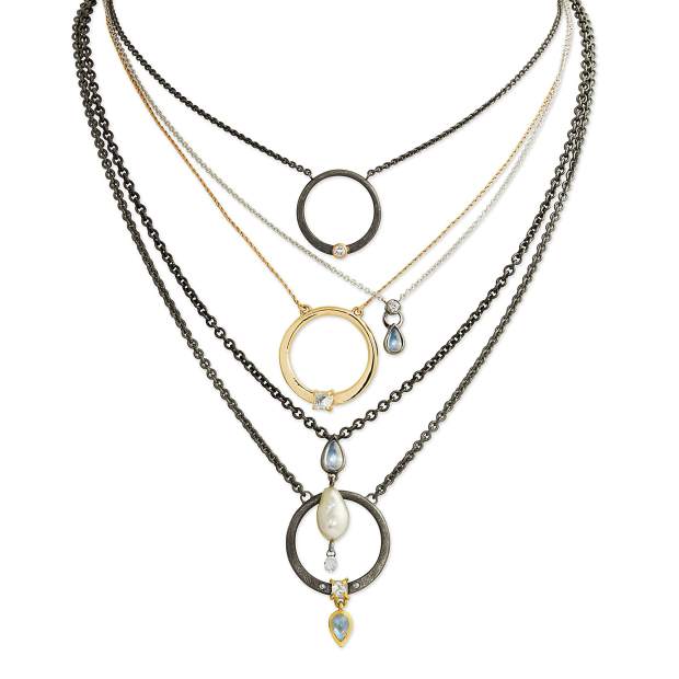 Necklace Group 1, 18-karat yellow gold, 18-karat white gold, oxidized silver; fine diamonds, raw diamonds, blue moonstone, South Sea pearls.