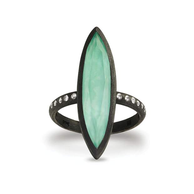 Cyprus Ring, oxidized sterling silver; turquoise and quartz doublet, fine white diamonds.