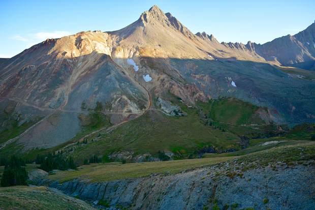 Matterhorn Peak, a mountain in the San Juan Range, getting the last bit of sunshine on a cool September evening.