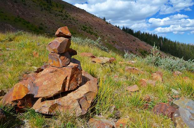 One of the many rock stacks, called cairns, seen along the trail through the Uncompahgre Wilderness outside Lake City, Colorado.