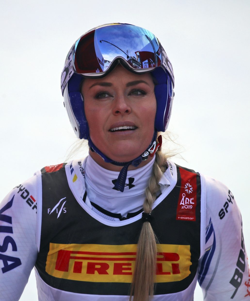 United States' Lindsey Vonn arrives at the finish area after crashing during the women's worlds super-G  in Are, Sweden, on Tuesday. Vonn said she will be able to compete in Sunday's downhill.
