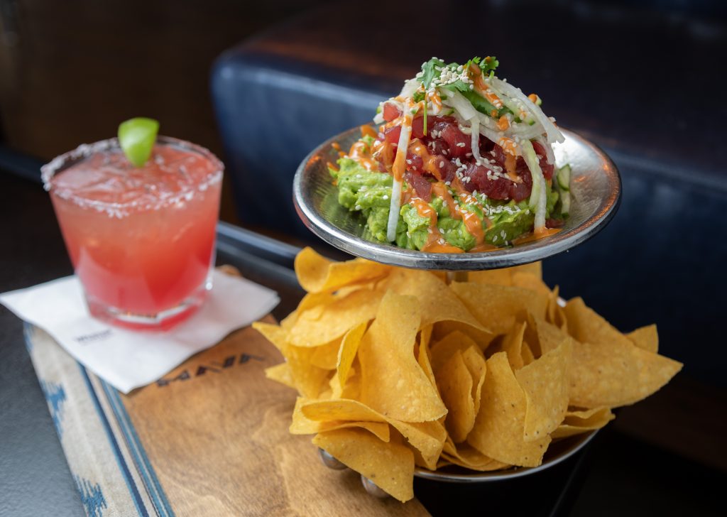 Classic Guacamole | served with warm chips and a Prickly Pear cocktail from Maya in Avon.