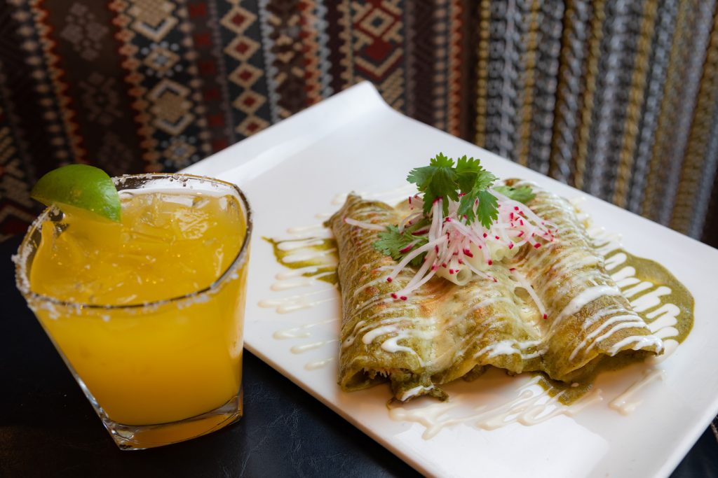 Tex Mex Chicken Enchiladas | salsa roja, crema, pico de gallo, black bean purée with a Fresh Fruit Mango Margarita from Maya in Avon.