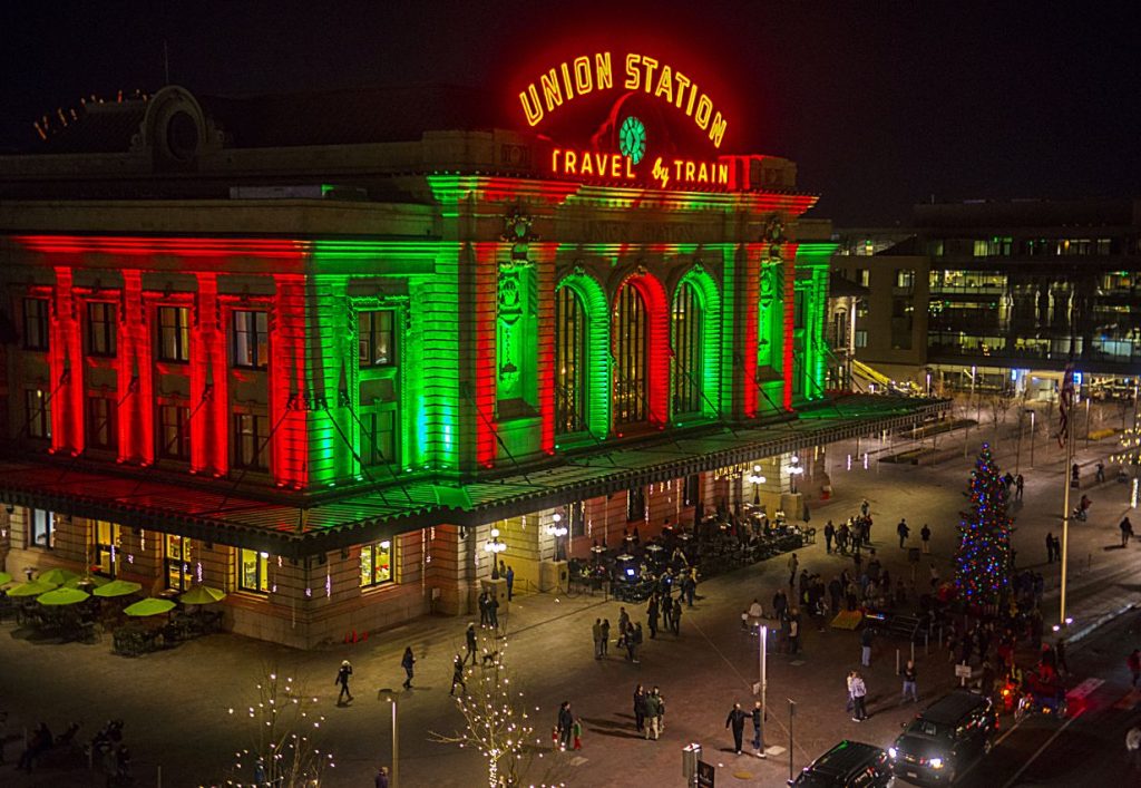 Denver Union Station lights up both outside and out for the holidays.