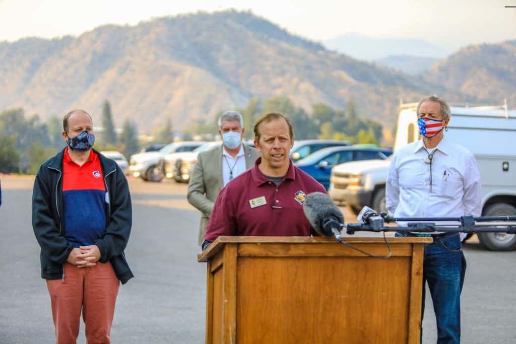 Marty Adele, incident commander for the Grizzly Creek Fire, gives an update Friday at the Eagle County Fairgrounds in Eagle. The fire is expected to grow in the coming days with little humidity and hot weather.