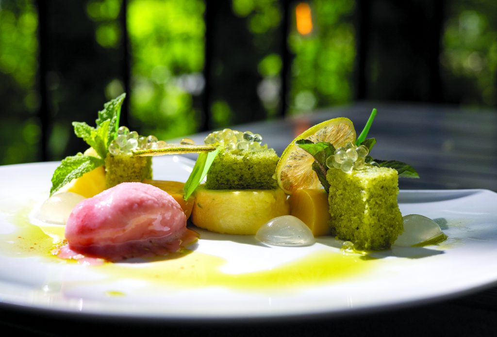 Mojito dessert with mint dacquoise cake, kafir lime mousse, mint cremeux, rum and soda gel, lime and rum sorbet.
