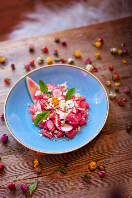 Sommer Wassermelonen Salat with watermelon, feta, cherry tomatoes and a hint of mint.