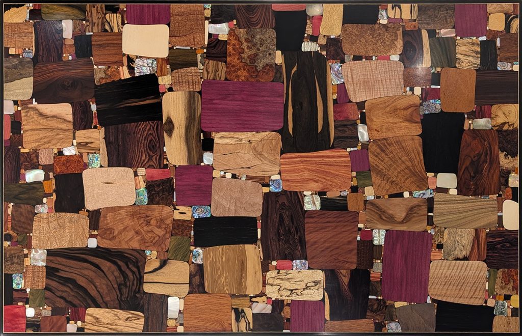 "Long Time Cubin," by Chris Cantwell, original wood mosaic, 22" x 34". Meet the artist at Raitman Art Galleries February 14, 5-9 p.m. and February 15, 2-7 p.m.