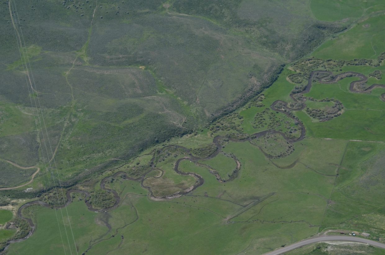 Meanders on the Yampa River just above Stagecoach Reservoir. Aerial view courtesy pilot Jack Dysart and LightHawk Conservation Flying..