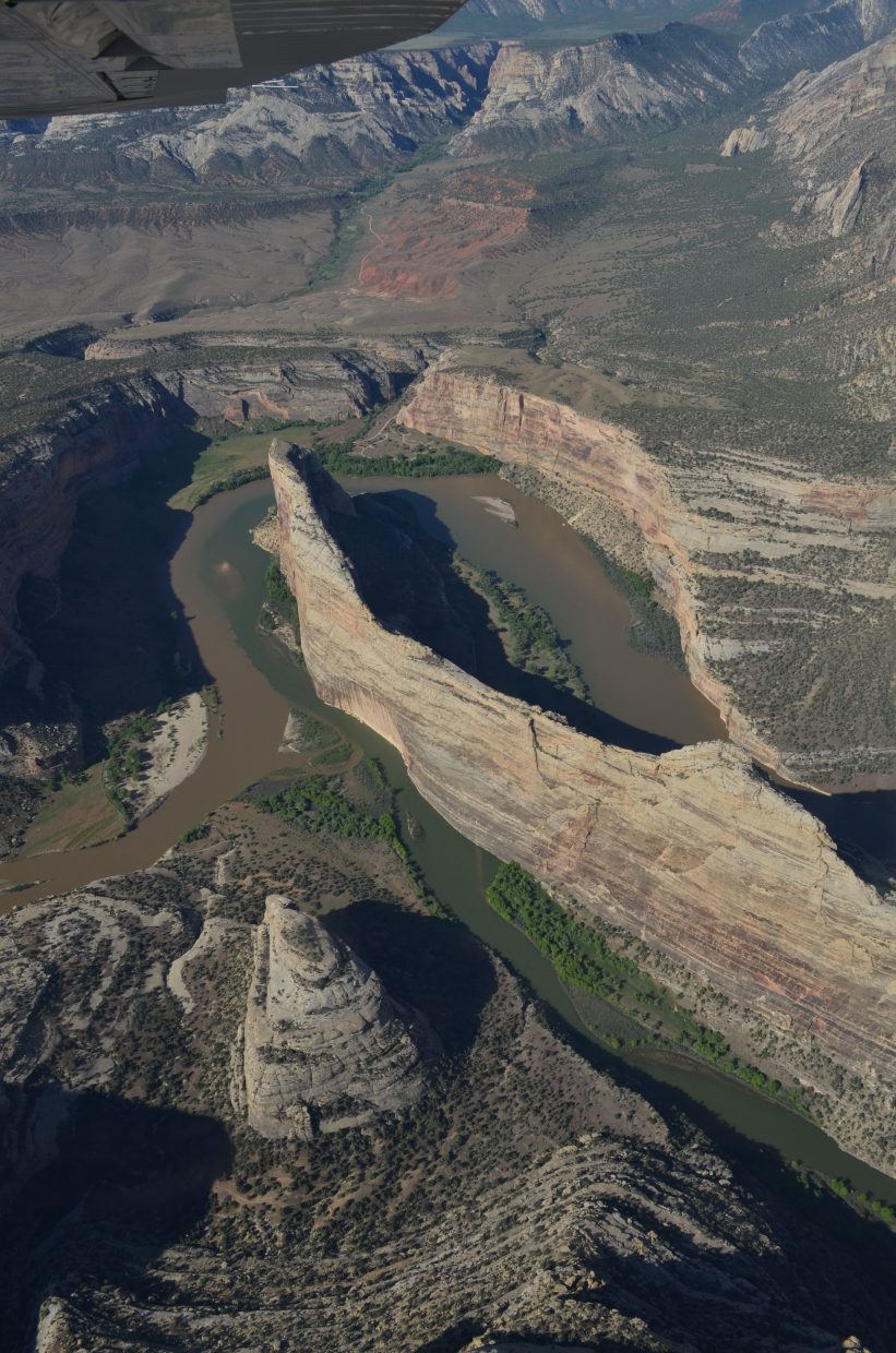 An aerial view of the confluence of the Yampa and Green rivers at Steamboat Rock with an assist from LightHawk Conservation Flying and  pilot Jack Dysart.
