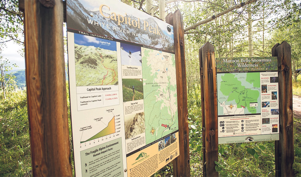 The Capitol Peak trailhead gives hikers and climbers information about the mountain, which is 14 miles west of Aspen in the Elk Mountains.
