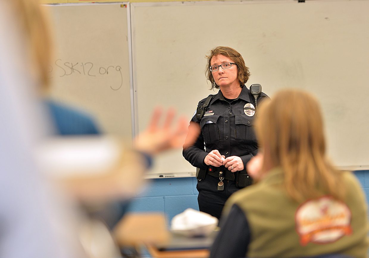 Steamboat Springs High School Resource Officer Kristin Bantle speaks to the Parent Information Committee about marijuana during a recent meeting. She helped educate the parents about the new laws regarding marijuana and how it impacts students and the schools. She also reviewed the many different products offered by legal marijuana shops in Steamboat, and what parents need to learn when it comes to dealing with their children and marijuana.