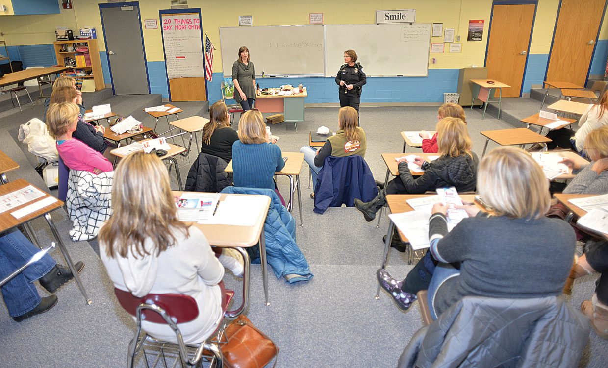 Steamboat Springs High School Resource Officer Kristin Bantle, and Kate Elkins from Grand Futures Prevention Coalition speak to the Parent Information Committee about marijuana during a recent meeting. She helped educate the parents about the new laws regarding marijuana and how it impacts students and the schools. She also reviewed the many different products offered by legal marijuana shops in Steamboat, and what parents need to learn about when it comes to dealing with their children and marijuana.