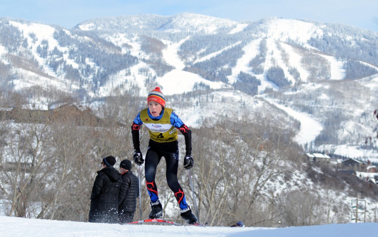 Rocky Mountain Division U16 Nordic combined athlete Elijah Vargas climbs a hill early in his race on Thursday during the 2015 Ski Jumping and Nordic Combined Junior Nationals.