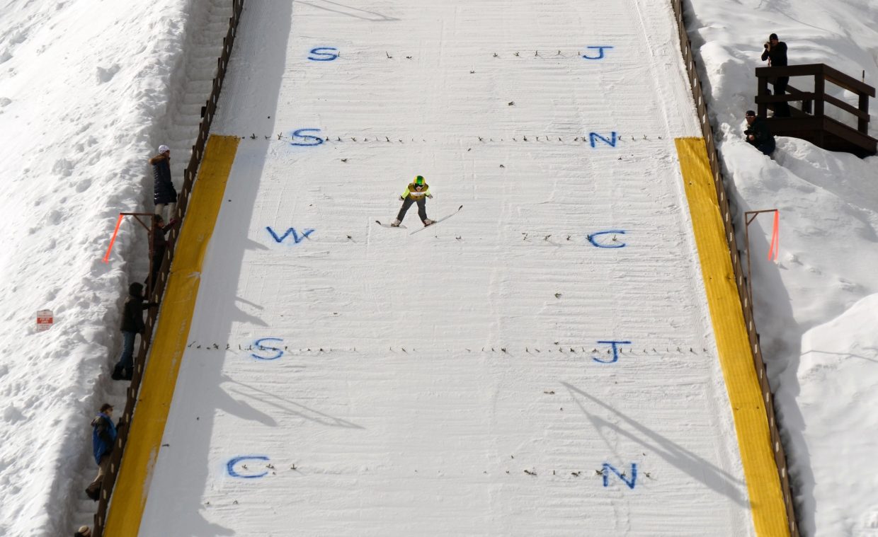Rocky Mountain Division U16 jumper Decker Dean flies down Howelsen Hill's HS-75 during the opening day of the 2015 Ski Jumping and Nordic Combined Junior Nationals.