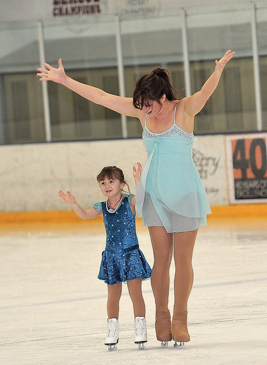 Ani Cesario Bisnette and her daughter Tatum rehearse "Bound to You" while preparing for the Steamboat Springs Figure Skating Club's annual "Broadway on Ice" show. The show will take place at 7 p.m. Friday and Saturday at Howelsen Ice Arena
