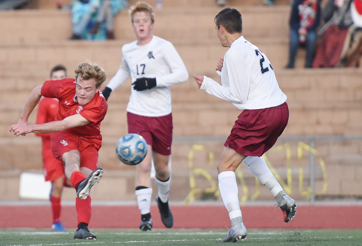 Steamboat’s Nik Kocik lets loose a shot Tuesday against The Classical Academy.